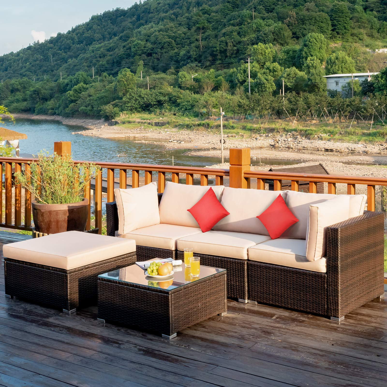 Tangkula Salon de jardin 5 pièces en rotin, ensemble de canapés modulables d'extérieur en rotin avec coussins de dossier et d'assise